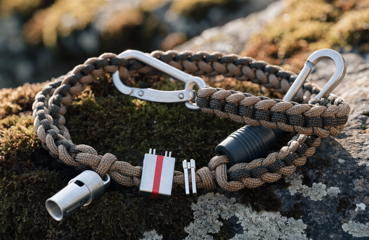 A rugged paracord field lanyard with camera gear on a rock